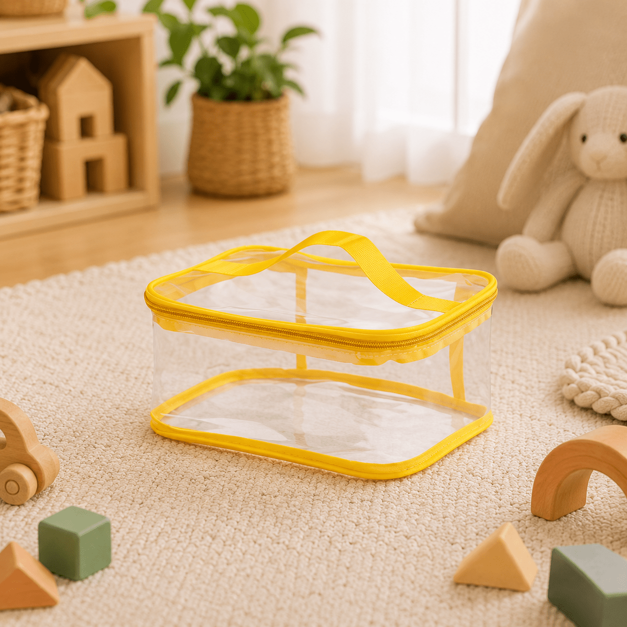 A clear plastic storage organizer with bright yellow trim and handle, placed on a beige carpet